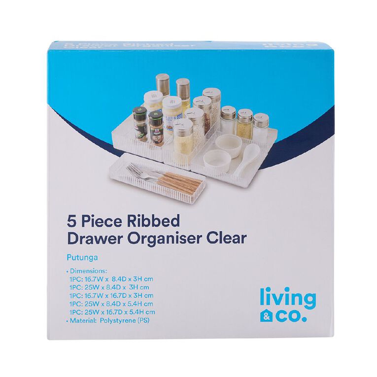 Living & Co 5 Piece Rib Draw Organiser Clear, , hi-res