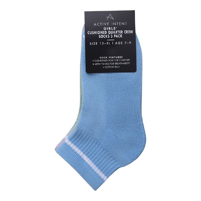 Active Intent Girls' Cushioned Quarter Crew Socks 3 Pack, Blue Light, hi-res