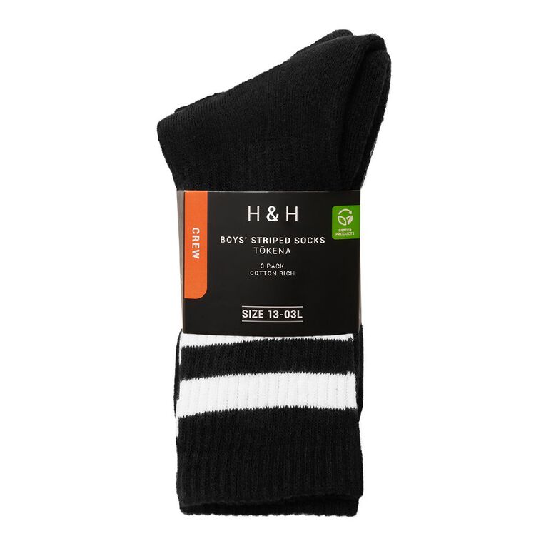 H&H Boys' Striped Crew Socks 3 Pack, Black, hi-res