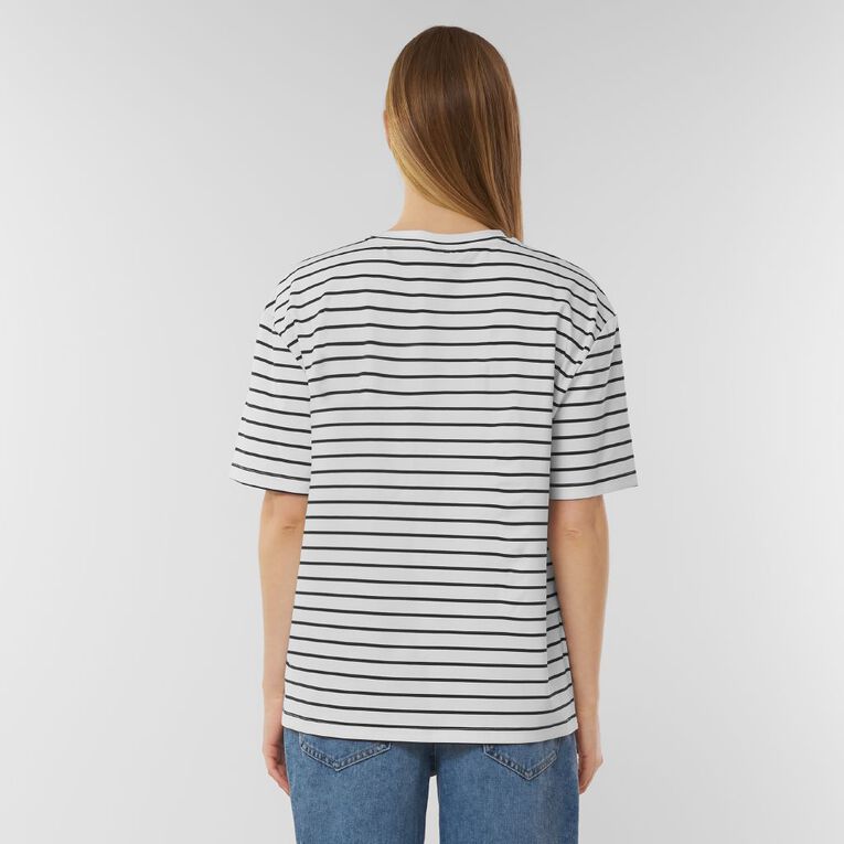 H&H Women's Short Sleeve Boxy Stripe Tee, White/Navy, hi-res
