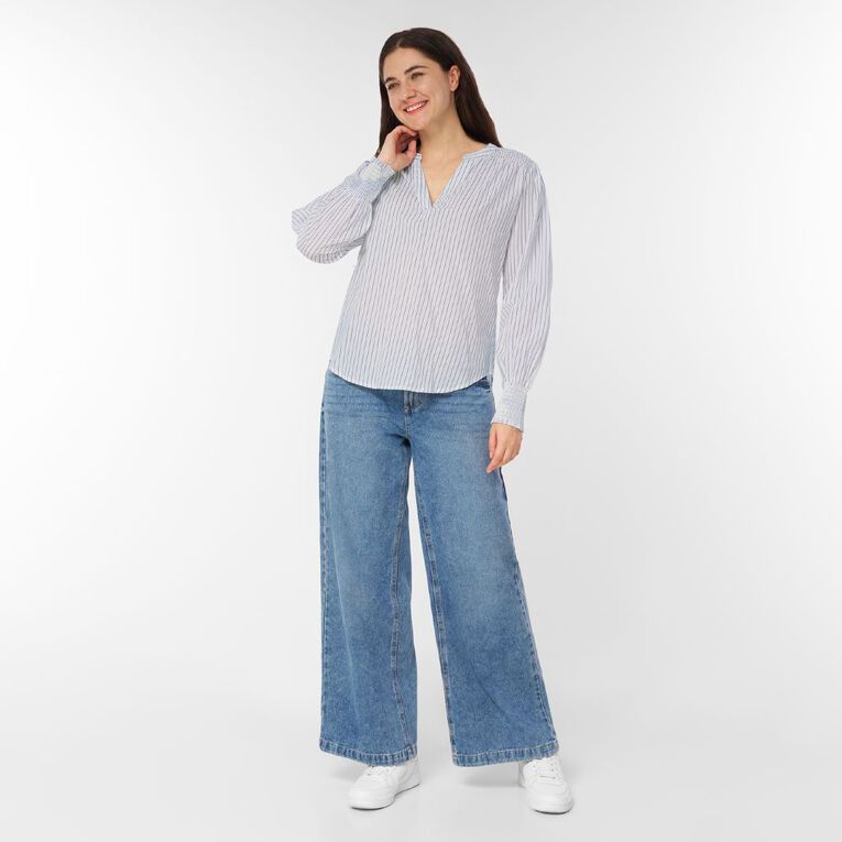 H&H Women's Long Sleeve Shirred Shoulder Top, Blue Mid, hi-res