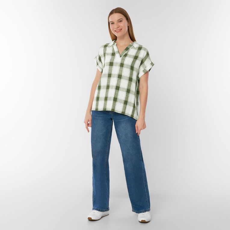 H&H Women's Short Roll Sleeve Linen Blend Blouse, Green, hi-res