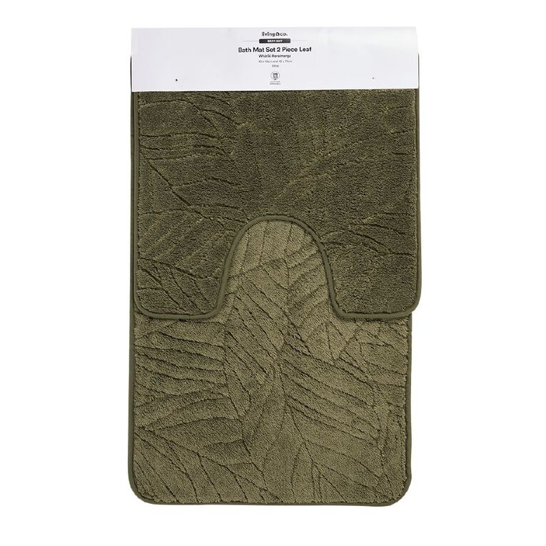 Living & Co Bath Mat Set Leaf 2 Piece Green 45cm x 75cm, , hi-res