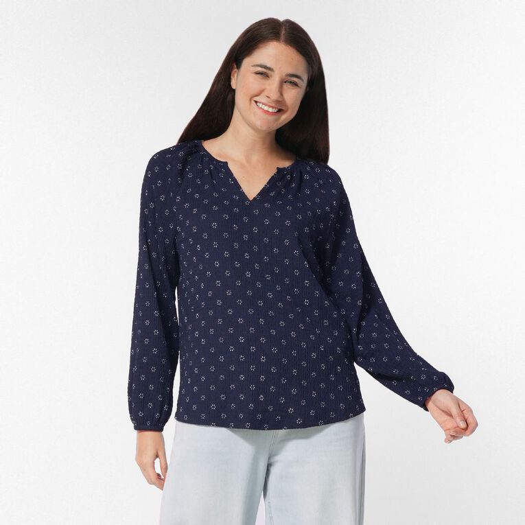 H&H Women's V Neck Gathered Top, Navy, hi-res