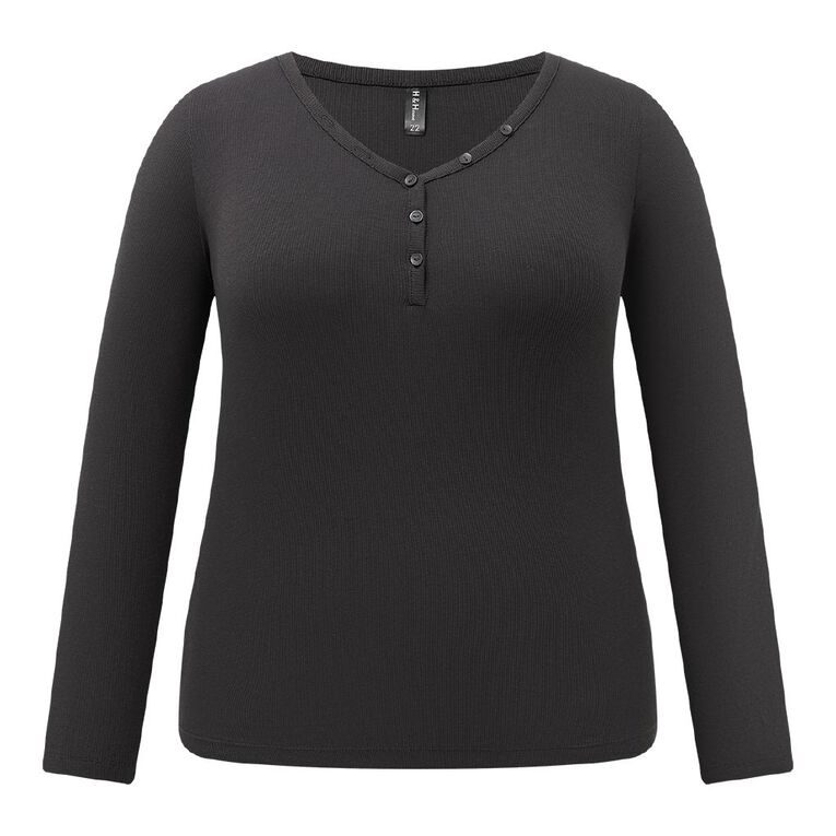 H&H Curve Women's Long Sleeve Rib Henley Knit Top, Grey Dark, hi-res