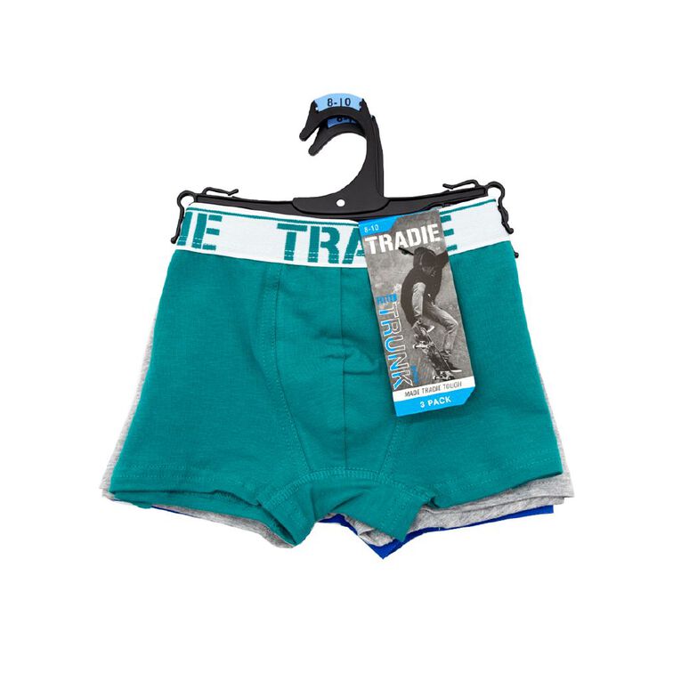 Tradie Boys' Plain Trunks 3 Pack, Green, hi-res