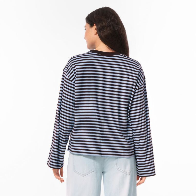 H&H Women's Long Sleeve Boxy Stripe Crew Neck Tee, Blue Mid, hi-res