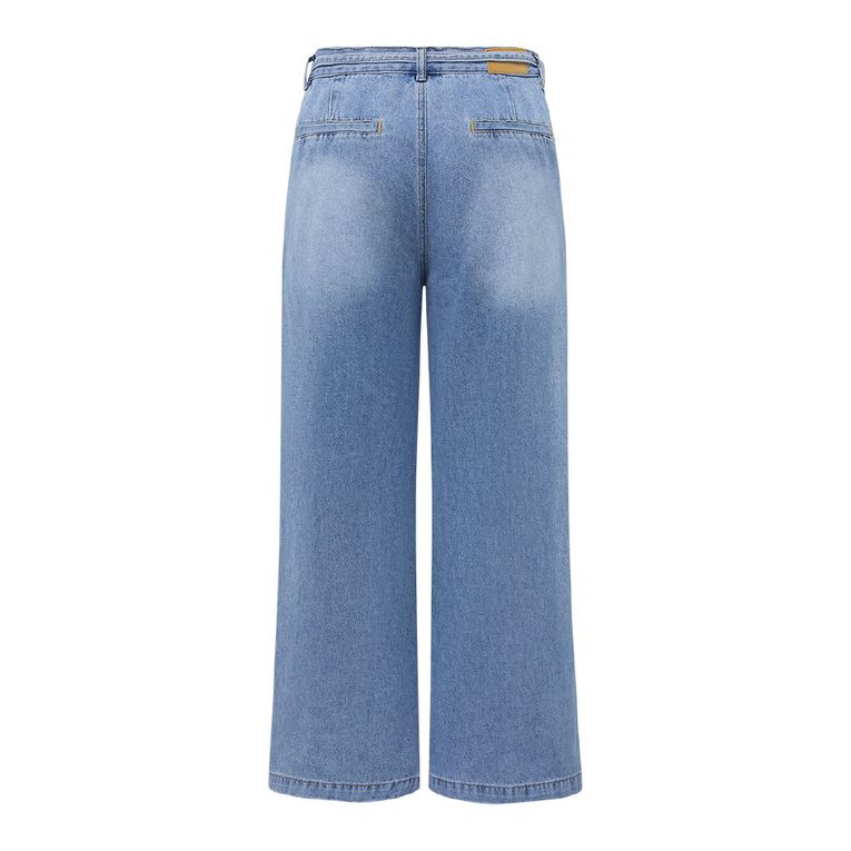 H&H Women's Belt Pleated Wide Leg Jean, Denim Mid, hi-res