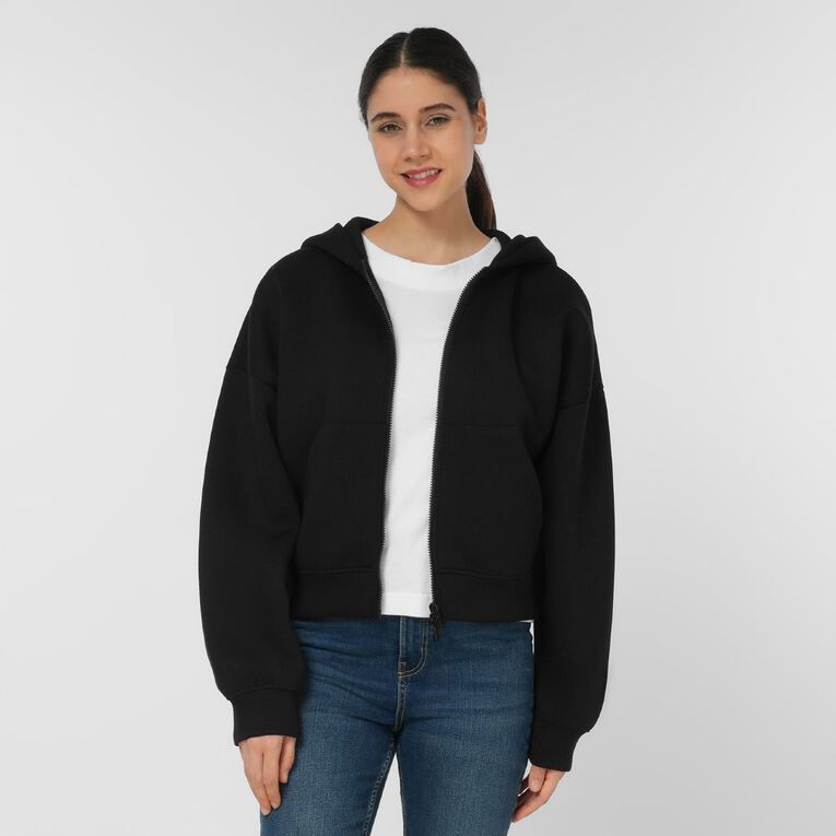 H&H Women's Zip Thru Cropped Scuba Hoodie, Black, hi-res
