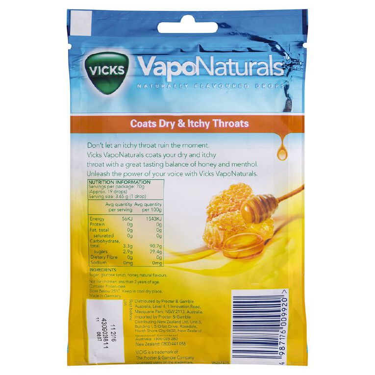 Vicks Vapo Naturals Honey Drops Flavoured Resealable Bag 19 Pack, , hi-res