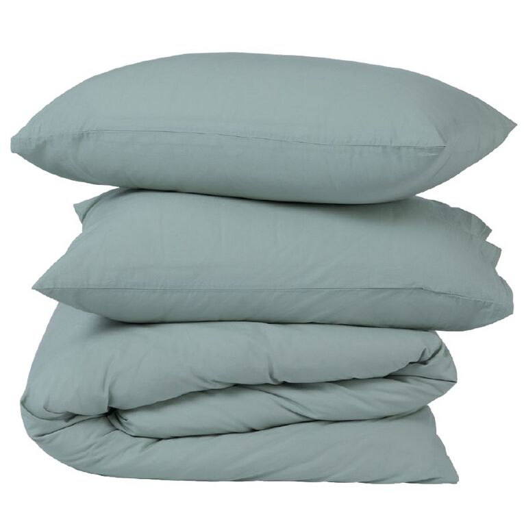Living & Co Duvet Cover Set Washed Cotton Green King Single, , hi-res