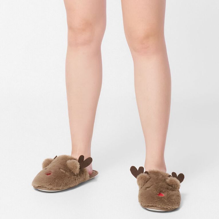 H&H Women's Reindeer Slippers, Brown, hi-res