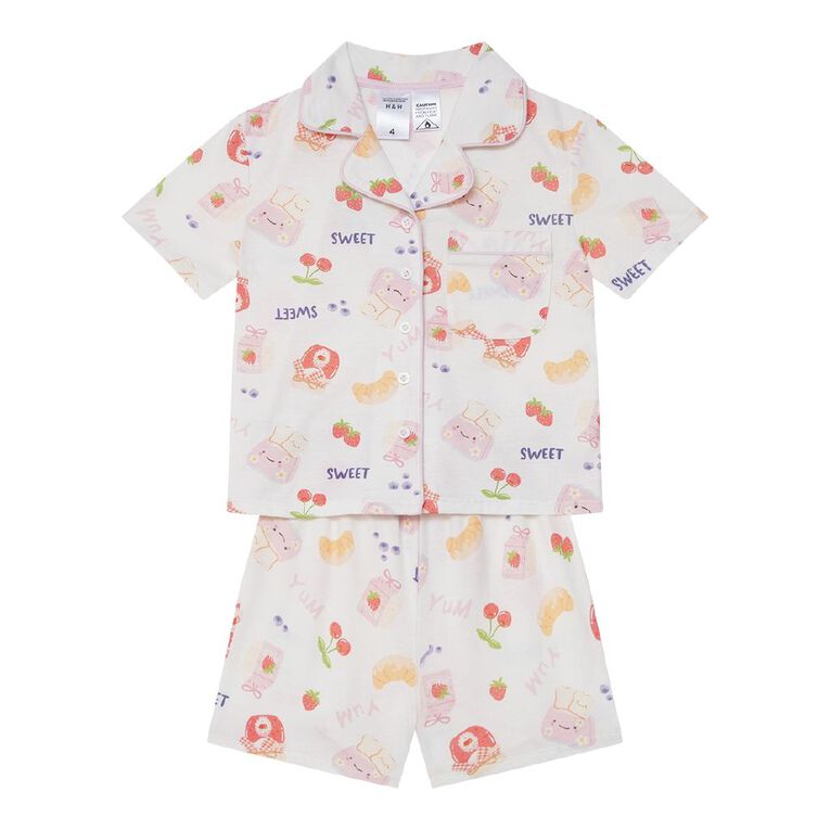 H&H Girls' Button Through Knit Pyjama Set, Cream, hi-res