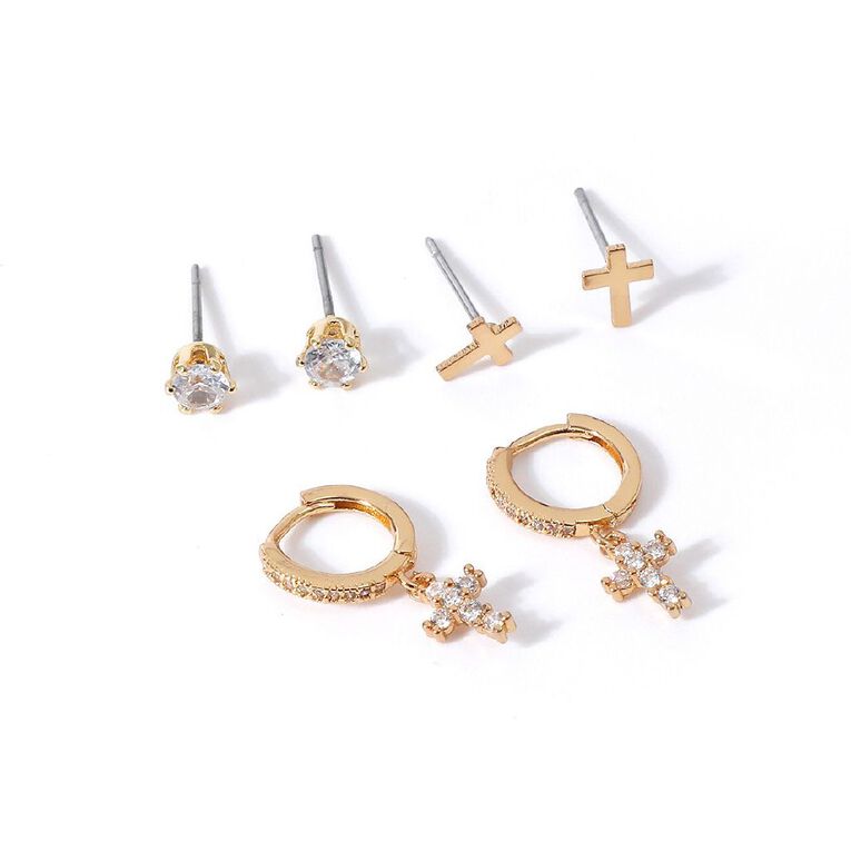 Gold Plated Cross CZ Earrings 3 Pairs, , hi-res