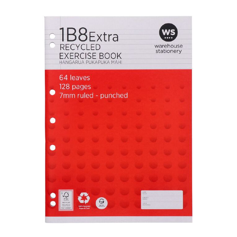 WS Exercise Book 1B8 Extra WA4 7mm Ruled 64 Leaf Punched Red, , hi-res