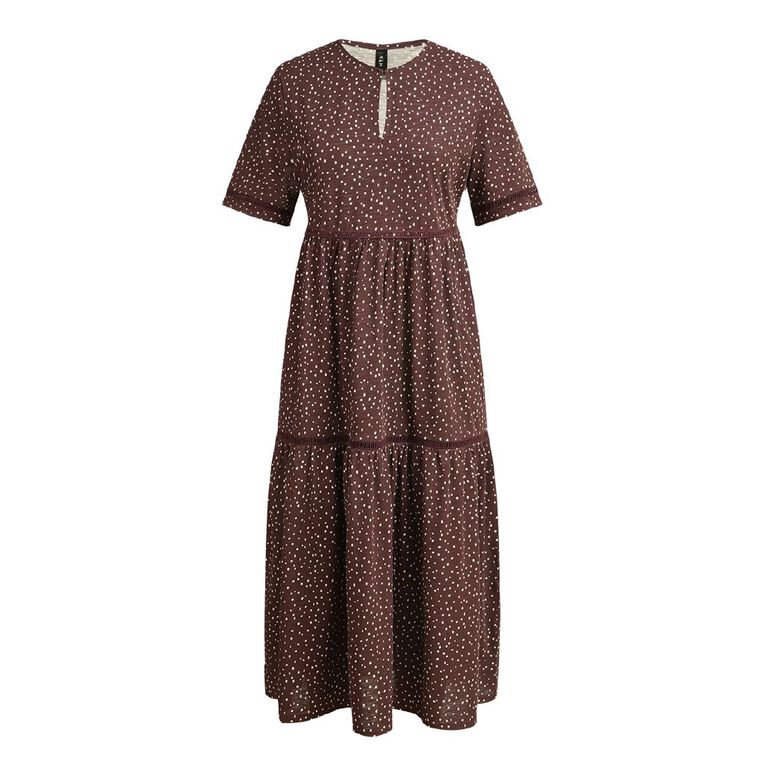 H&H Women's Crew Neck Slub Tiered Midi Dress with Lace Trim, Brown Dark, hi-res