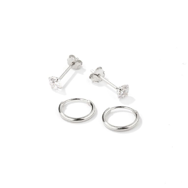 Sterling Silver CZ Sleeper Earrings 2 Pairs, , hi-res