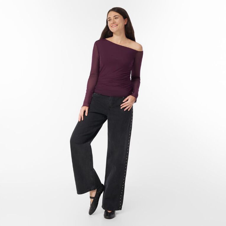 H&H Women's Long Sleeve Mesh Ruched Asymmetric Top, Red Dark, hi-res