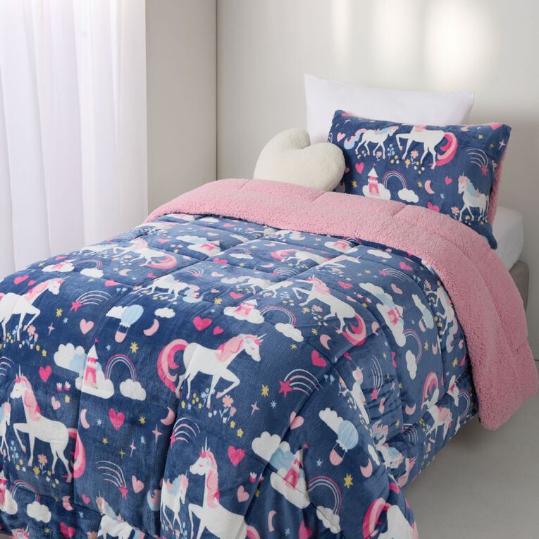 Living & Co Kids Plush Comforter Set Sherpa Reverse Unicorn Blue, , hi-res