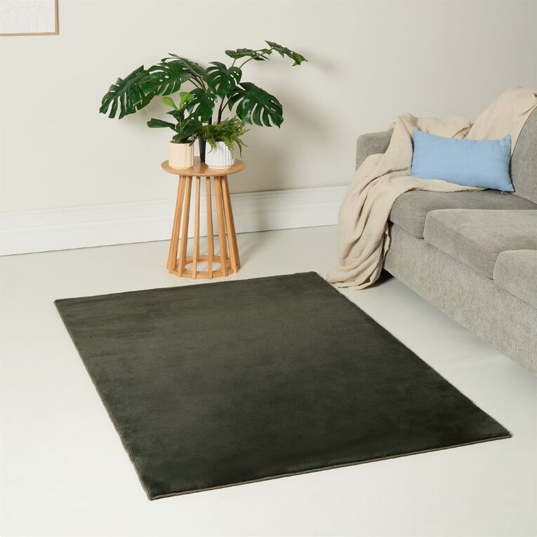 Living & Co Rug Faux Fur Plain Olive Green Dark 120cm x 180cm, Green Dark, hi-res