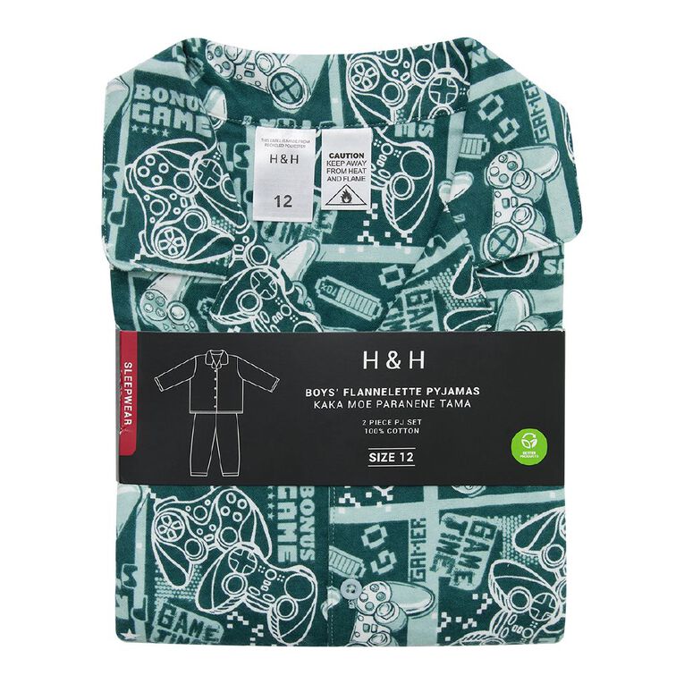 H&H Boys' Flanelette Pyjama Set, Green Dark, hi-res