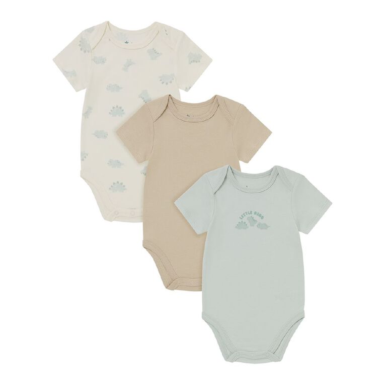 Young Original Babies' Short Sleeve Printed Bodysuit 3 Pack, Blue Light DINO, hi-res