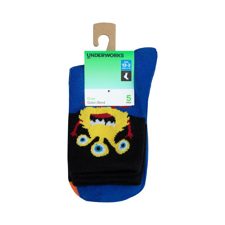 Underworks Boys' Fashion Pattern Crew Socks 5 Pack, Black/Blue, hi-res