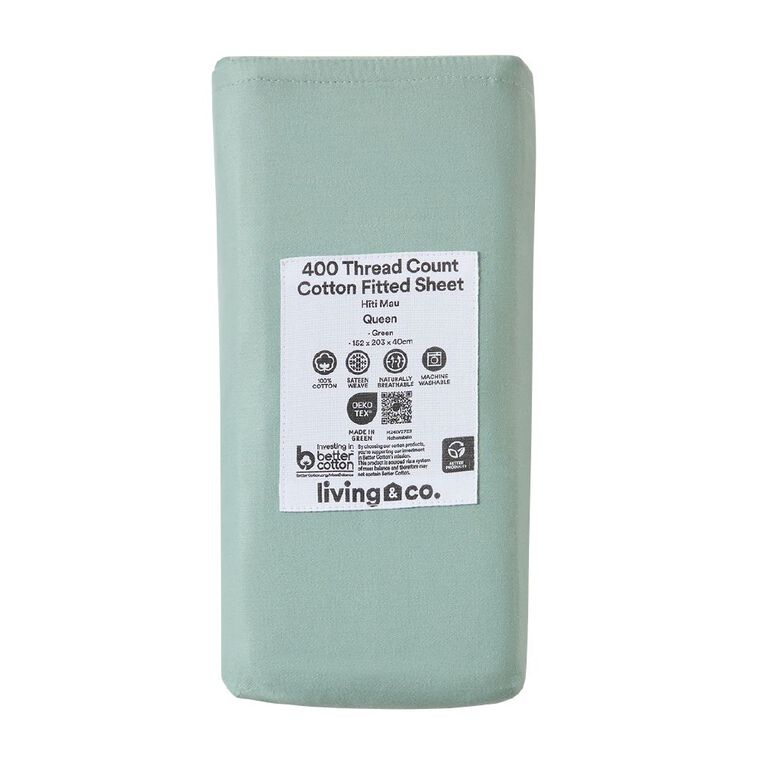 Living & Co 4OOTC Sateen Fitted Sheet Green Queen, Green, hi-res