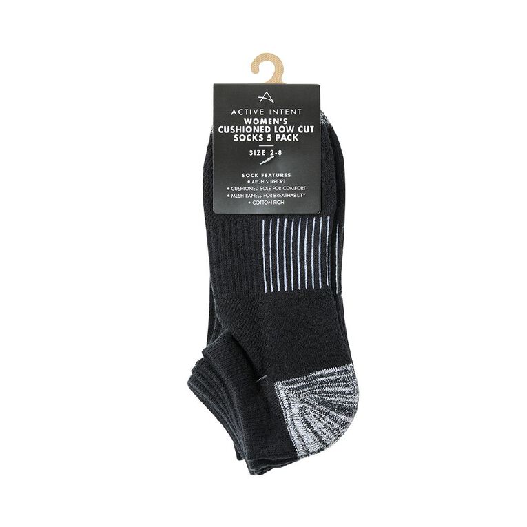 Active Intent Women's Cushioned Low Cut Socks 5 Pack, Black, hi-res