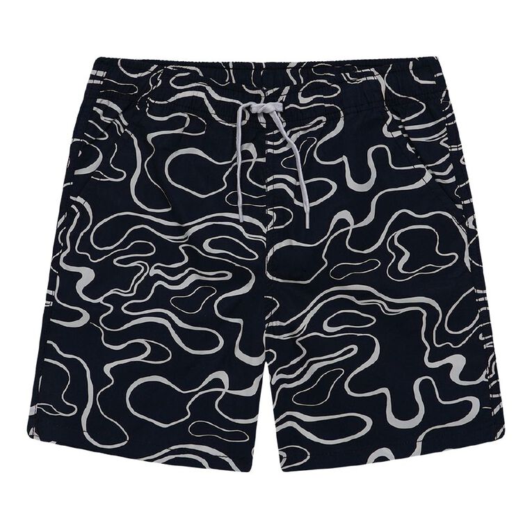 Young Original Printed Cotton Volley Shorts, Blue Dark, hi-res