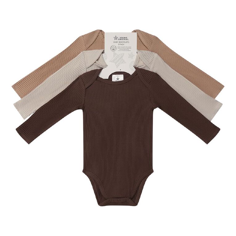 Young Original Babies' Long Sleeve Rib Bodysuit 3 Pack, Brown Dark, hi-res