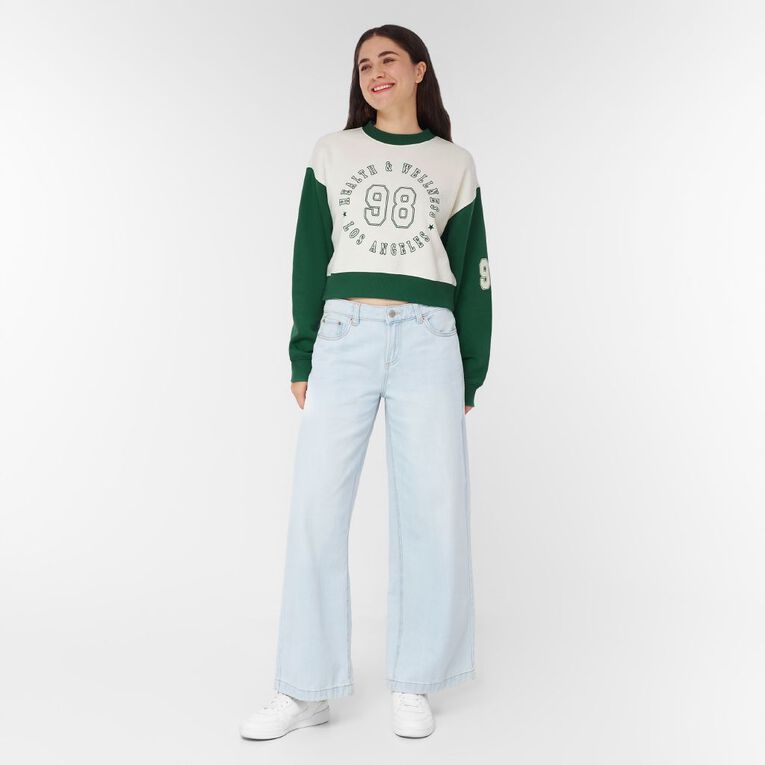 H&H Women's Long Sleeve Boxy Crop Contrast Crew, Green Mid, hi-res