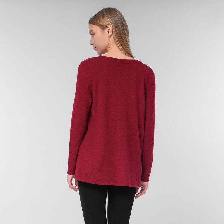 H&H Women's Long Sleeve Brushed V-Neck Swing Top, Red Dark, hi-res