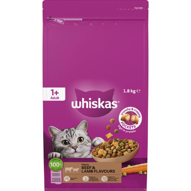 Whiskas Adult Dry Cat Food Beef & Lamb Bag 1.8kg, , hi-res
