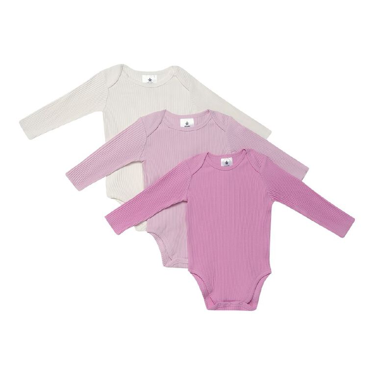 Young Original Babies' Long Sleeve Rib Bodysuit 3 Pack, Pink, hi-res