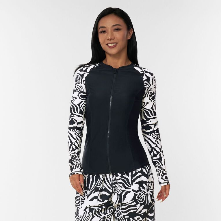 H&H Women's Long Sleeve Zip-Thru Rash Top, Black, hi-res