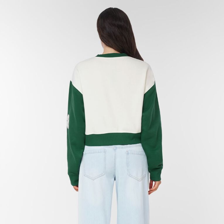 H&H Women's Long Sleeve Boxy Crop Contrast Crew, Green Mid, hi-res