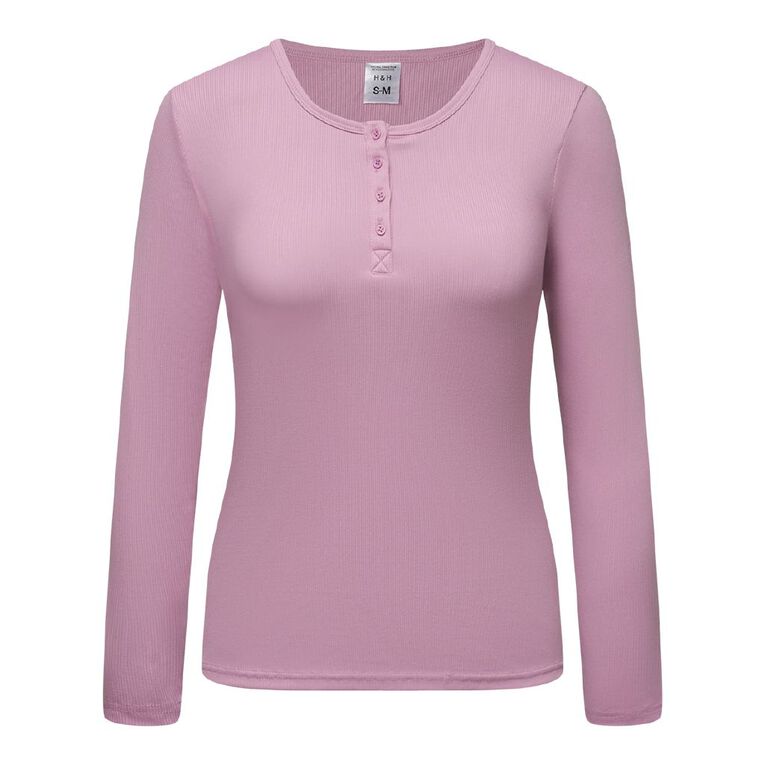 H&H Women's Henley Rib Pyjama Top, Purple Mid, hi-res