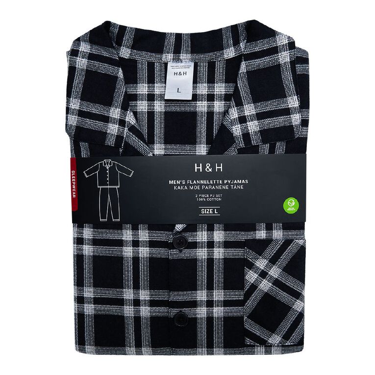 H&H Men's Button Up Flanelette Pyjama Set, Black, hi-res
