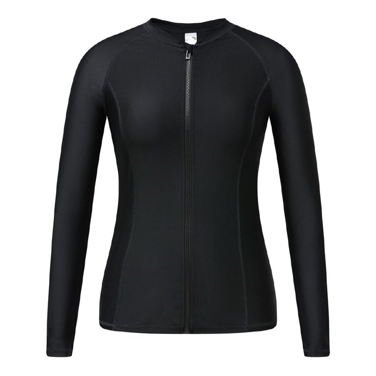 H&H Women's Long Sleeve Zip-Thru Rash Top, Black, hi-res