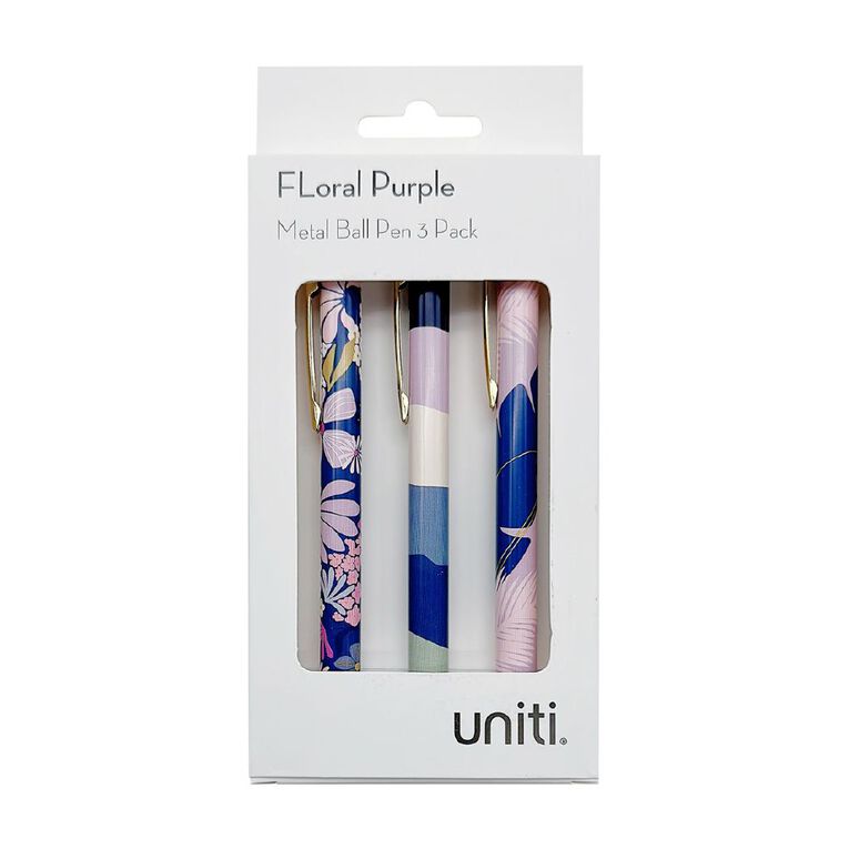 Uniti Floral Metal Ballpoint Pens 3 Pack Purple Mid 3 Pack, , hi-res