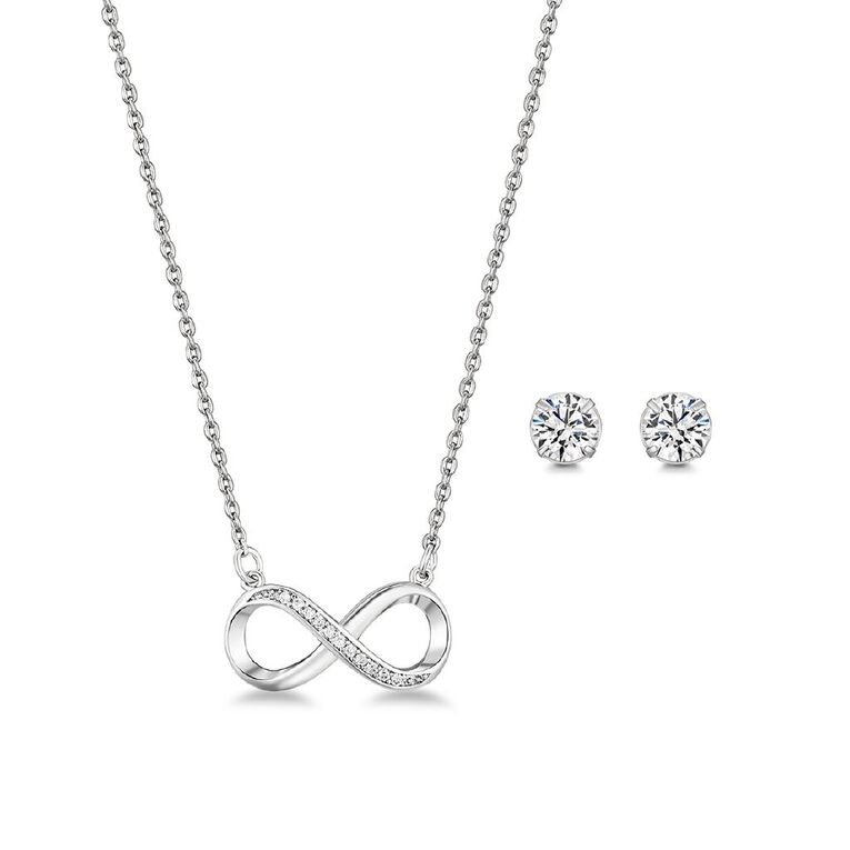 Mestige Silver Plated Cubic Zirconia Infinity Necklace & Earring Set, , hi-res