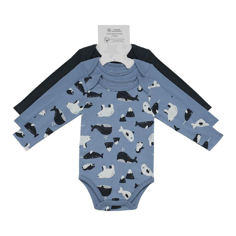 Young Original Babies' Long Sleeve Printed Bodysuit 3 Pack, Blue Light ARCTIC, hi-res