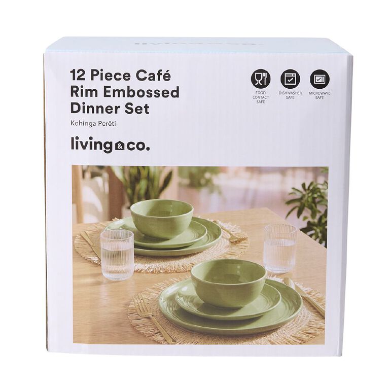 Living & Co Cafe Rim Embossed 12 Piece Dinner Set Sage, , hi-res