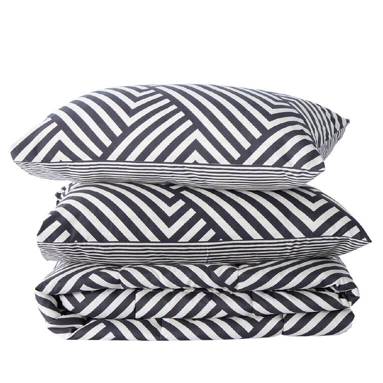 Living & Co 3 Piece Comforter Set Chevron Grey Queen, Grey, hi-res