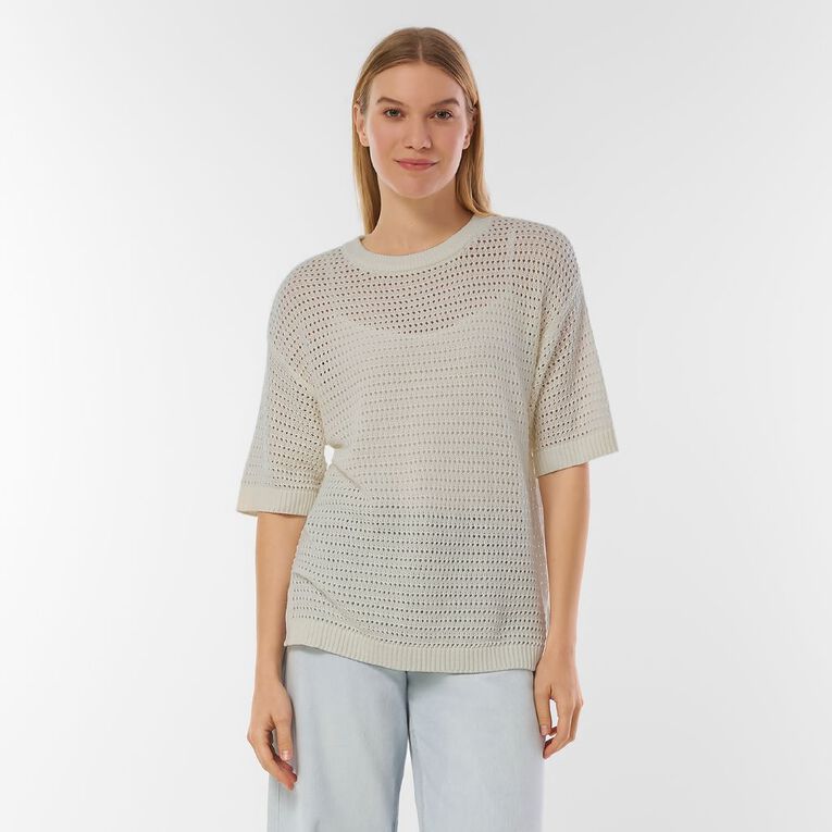 H&H Women's Short Sleeve Eyelet Jumper, Cream, hi-res