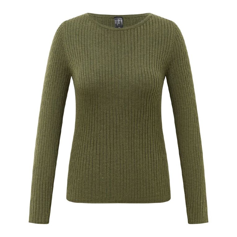 H&H Women's Merino Blend Rib Crew Knit, Green Mid, hi-res