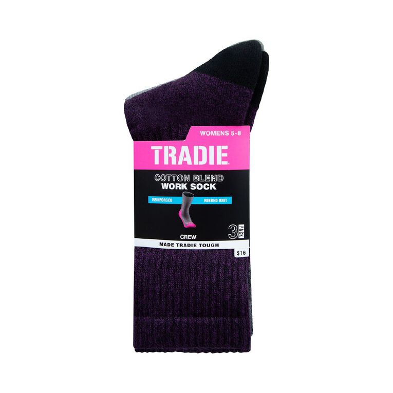 Tradie Women's Ribbed Crew Socks 3 Pack, Black, hi-res