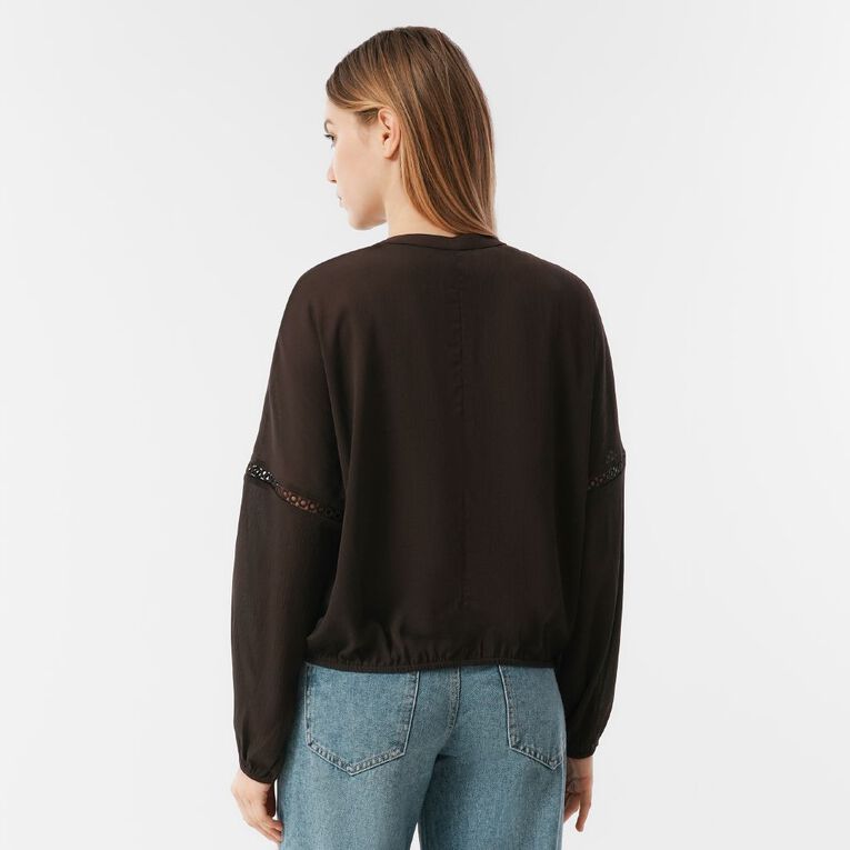 H&H Women's Long Sleeve Lace Trim Blouse, Brown Dark, hi-res