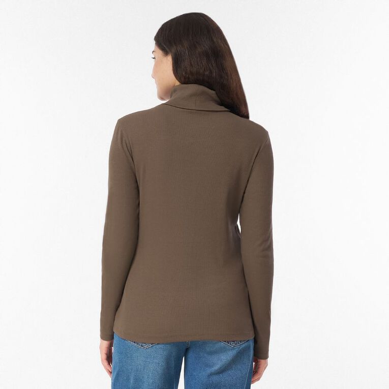 H&H Women's Long Sleeve Classic Rib Skivvy, Brown Mid, hi-res